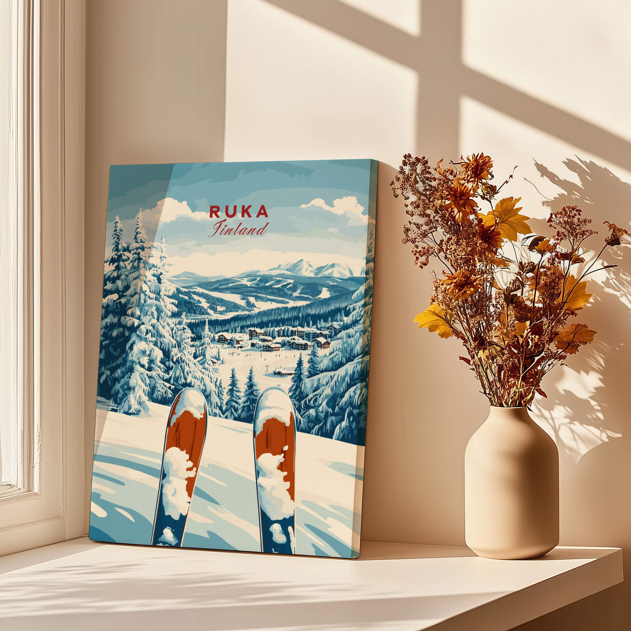 Ruka Ski Poster showcasing a beautiful winter landscape of Ruka Finland with skis in the foreground.