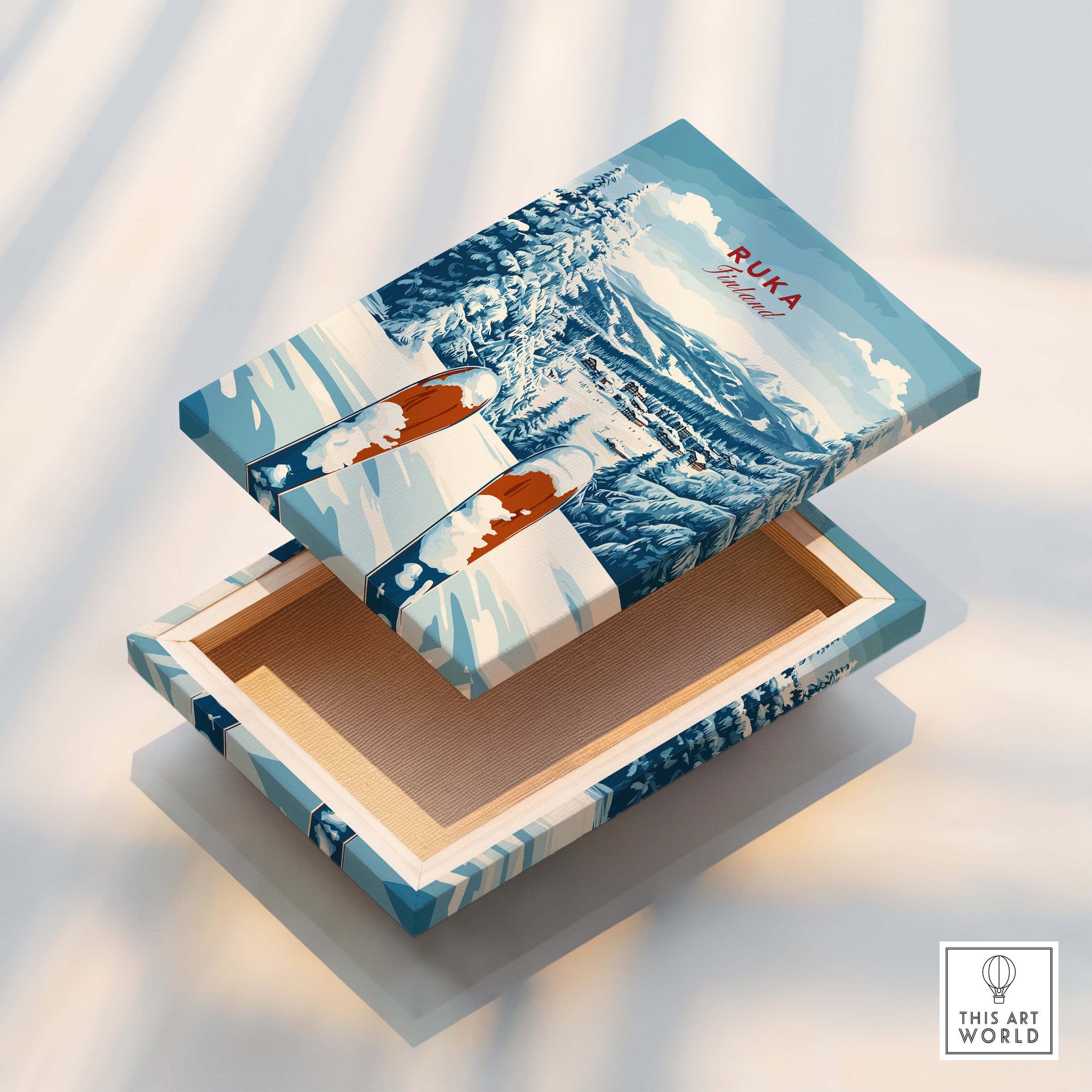 Ruka Ski Poster featuring a beautifully designed box with a scenic winter landscape, ideal for ski enthusiasts.