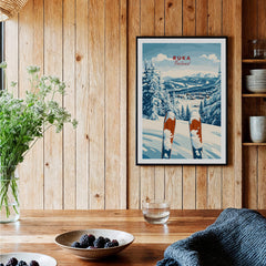 Ruka Ski Poster showcasing a beautiful winter sports scene in Ruka, Finland, with skis and snowy mountains.