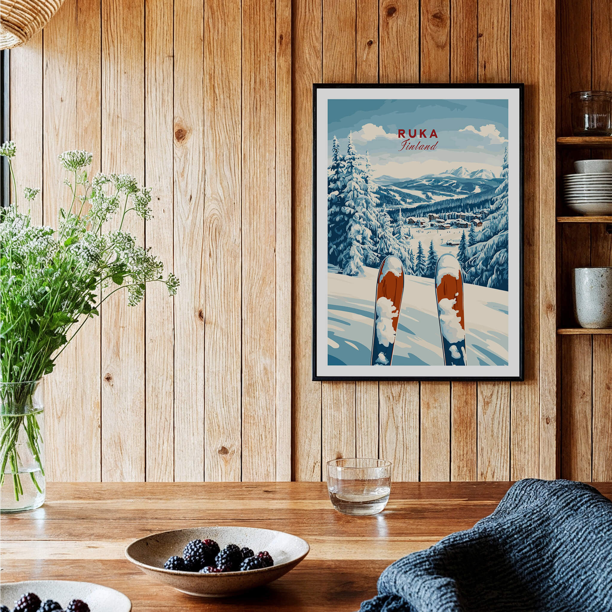 Ruka Ski Poster showcasing a beautiful winter sports scene in Ruka, Finland, with skis and snowy mountains.