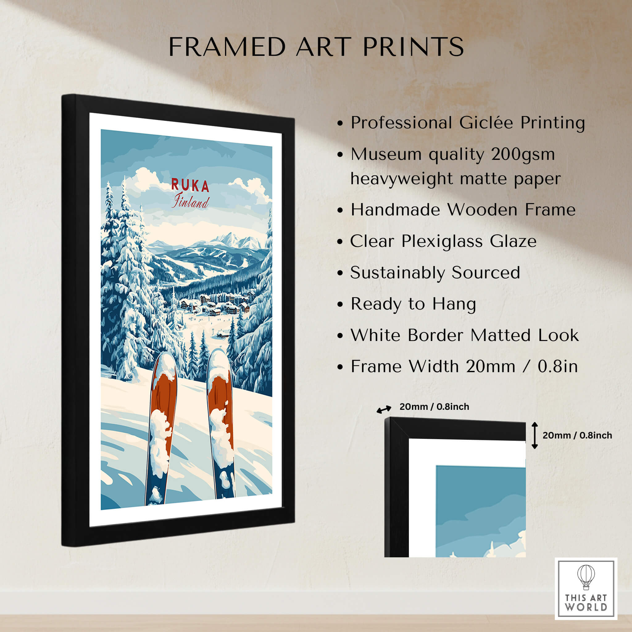 Framed Ruka Ski Poster showcasing stunning winter scenery and wooden frame, perfect for ski enthusiasts.