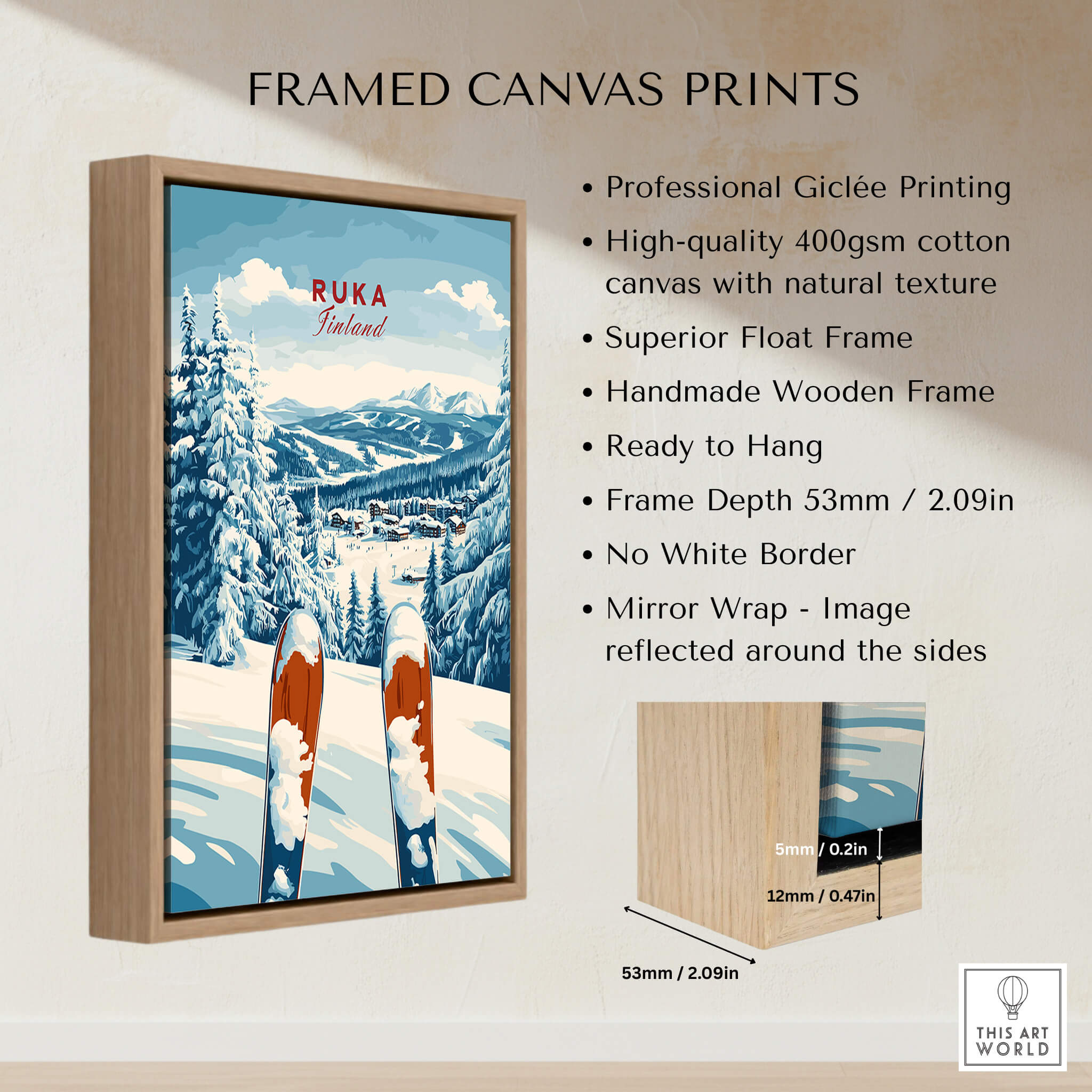 Ruka Ski Poster framed canvas print featuring snowy slopes and mountain scenery.