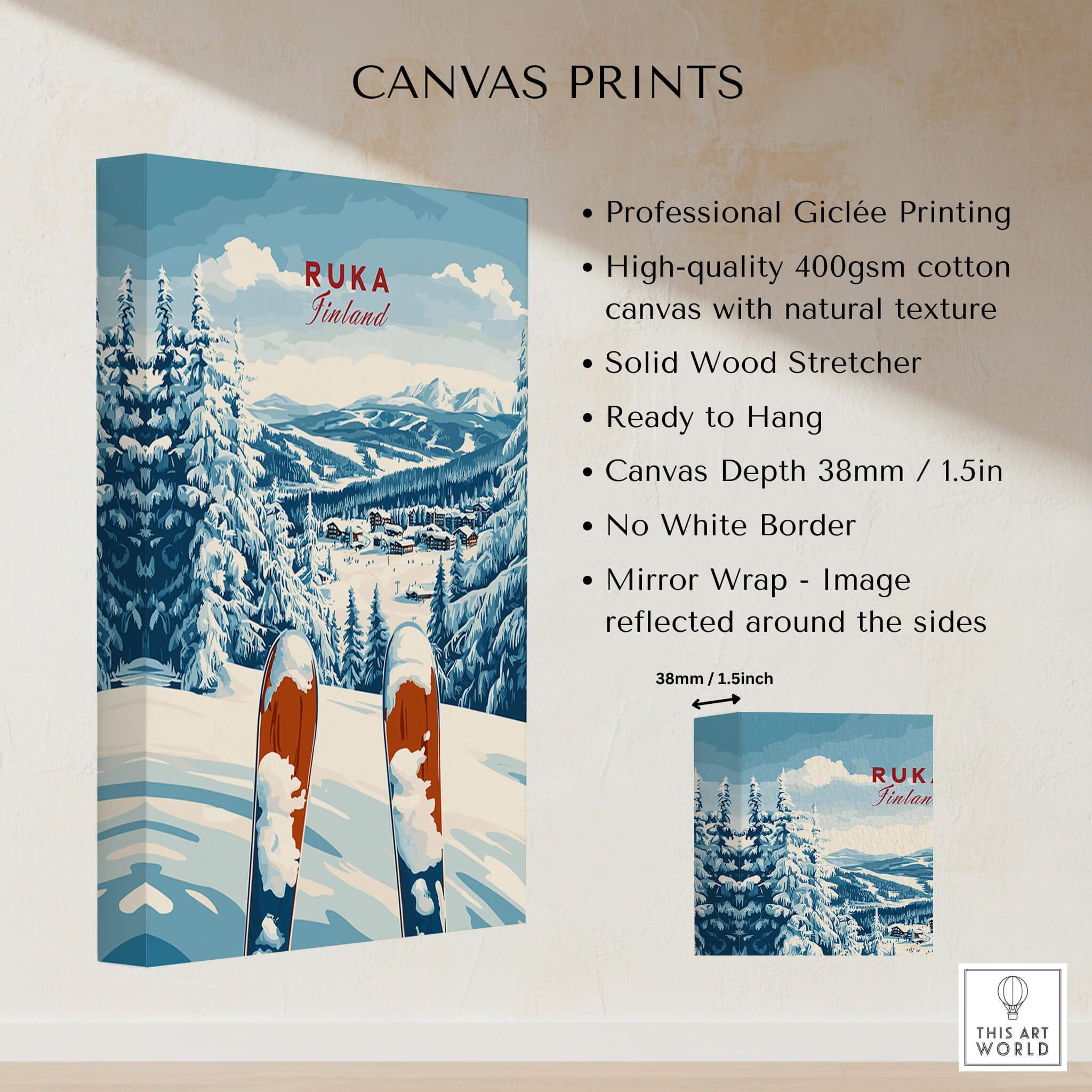 Ruka Ski Poster showcasing professional Giclée printing on high-quality canvas with a winter sports theme.