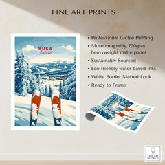 Ruka Ski Poster showcasing ski equipment in a snowy landscape of Ruka Finland, ideal for nature lovers and ski enthusiasts.