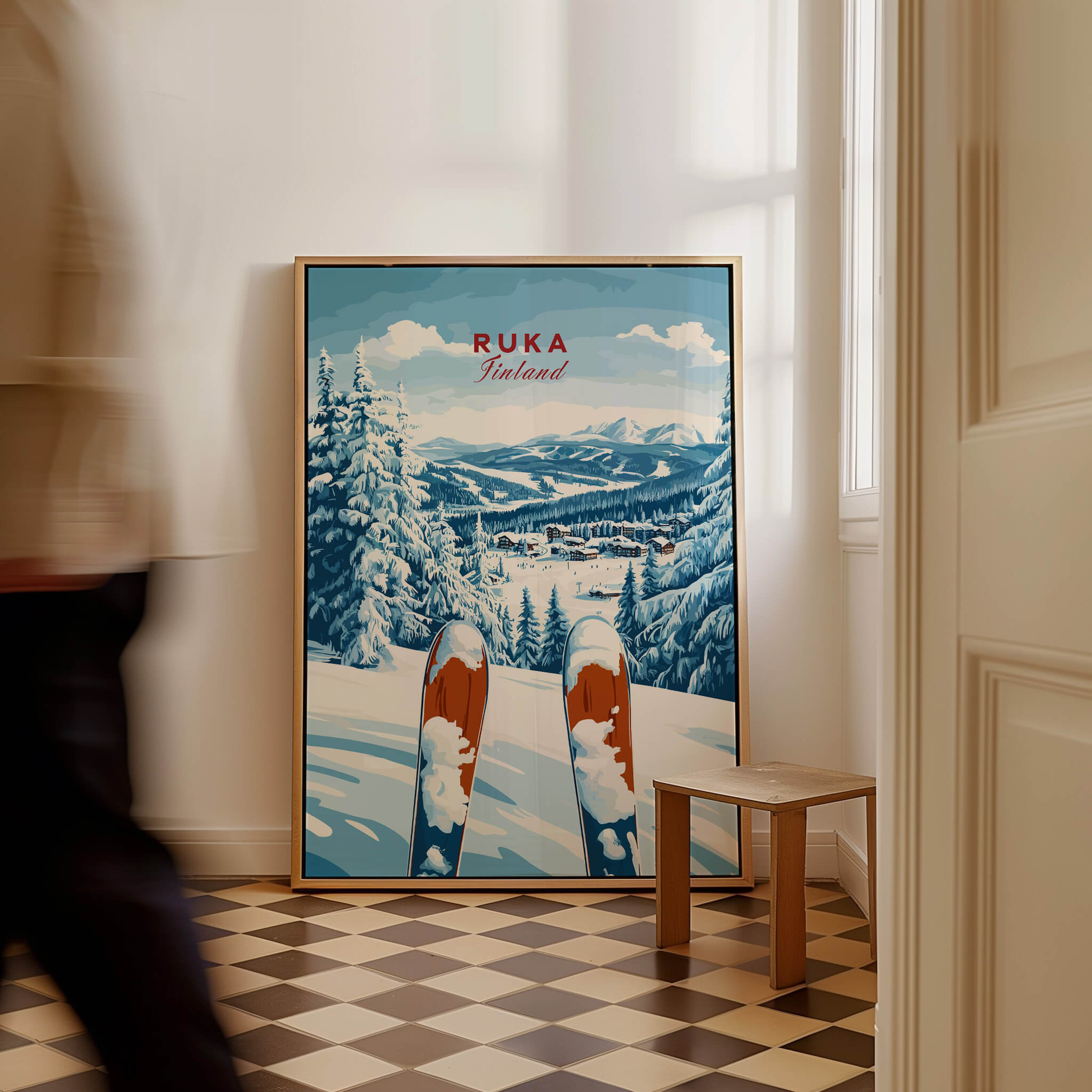 Ruka Ski Poster featuring a winter sports scene in Ruka, Finland, with snow-covered mountains and ski equipment.