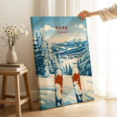 Ruka Ski Poster showcasing a winter sports scene with skis and snowy mountains in Ruka, Finland.