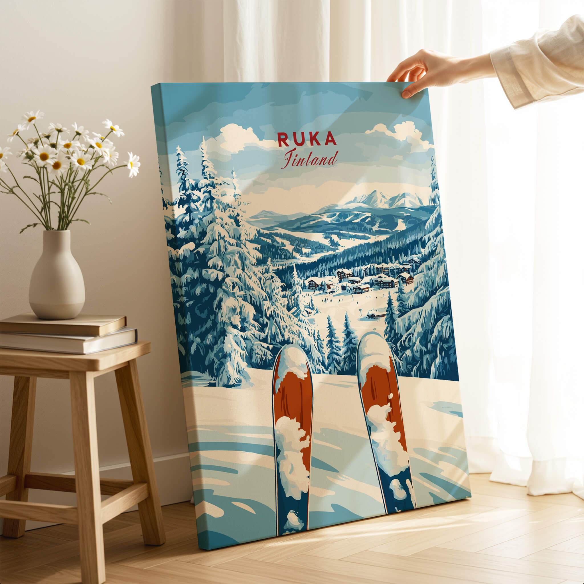 Ruka Ski Poster showcasing a winter sports scene with skis and snowy mountains in Ruka, Finland.
