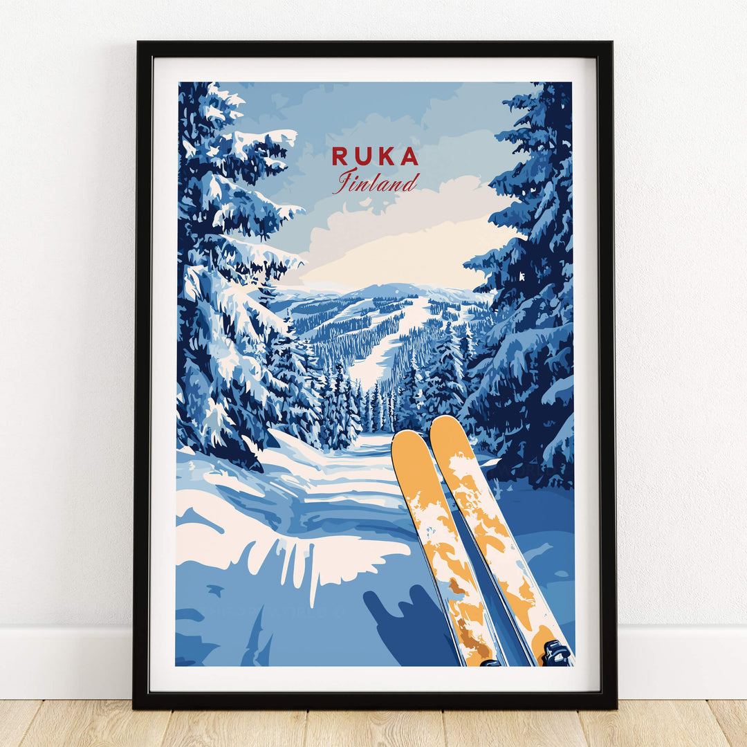 Ruka Ski Trail Print - Finland Slopes Poster, Snow-Covered Forest Wall Art framed in a room, showcasing winter scenery.