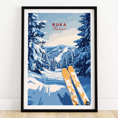 Ruka Ski Trail Print - Finland Slopes Poster, Snow-Covered Forest Wall Art framed in a room, showcasing winter scenery.