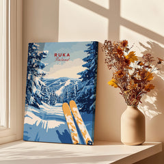 Ruka Ski Trail Print - Finland Slopes Poster, Snow-Covered Forest Wall Art displayed in a cozy room with flowers.