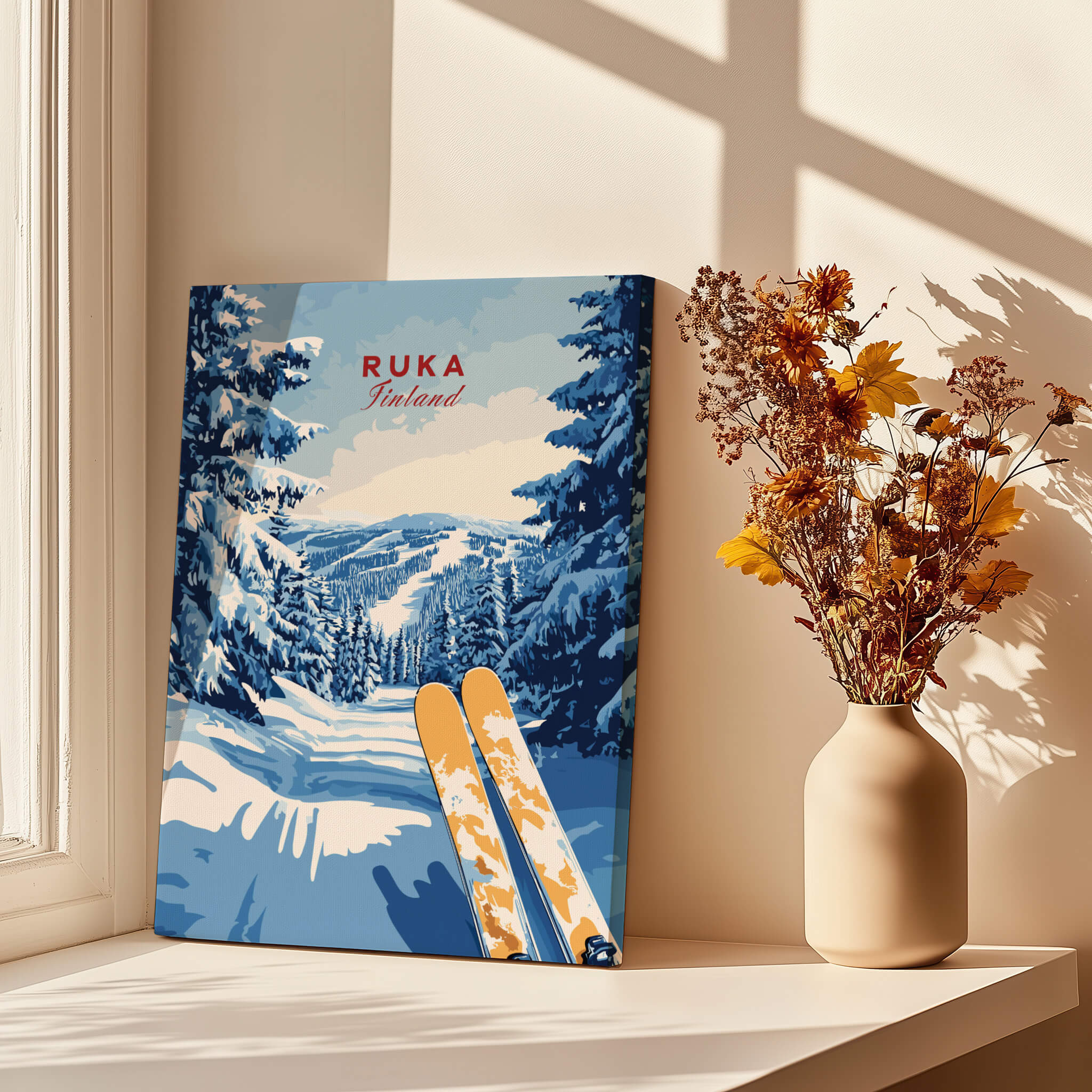 Ruka Ski Trail Print - Finland Slopes Poster, Snow-Covered Forest Wall Art displayed in a cozy room with flowers.