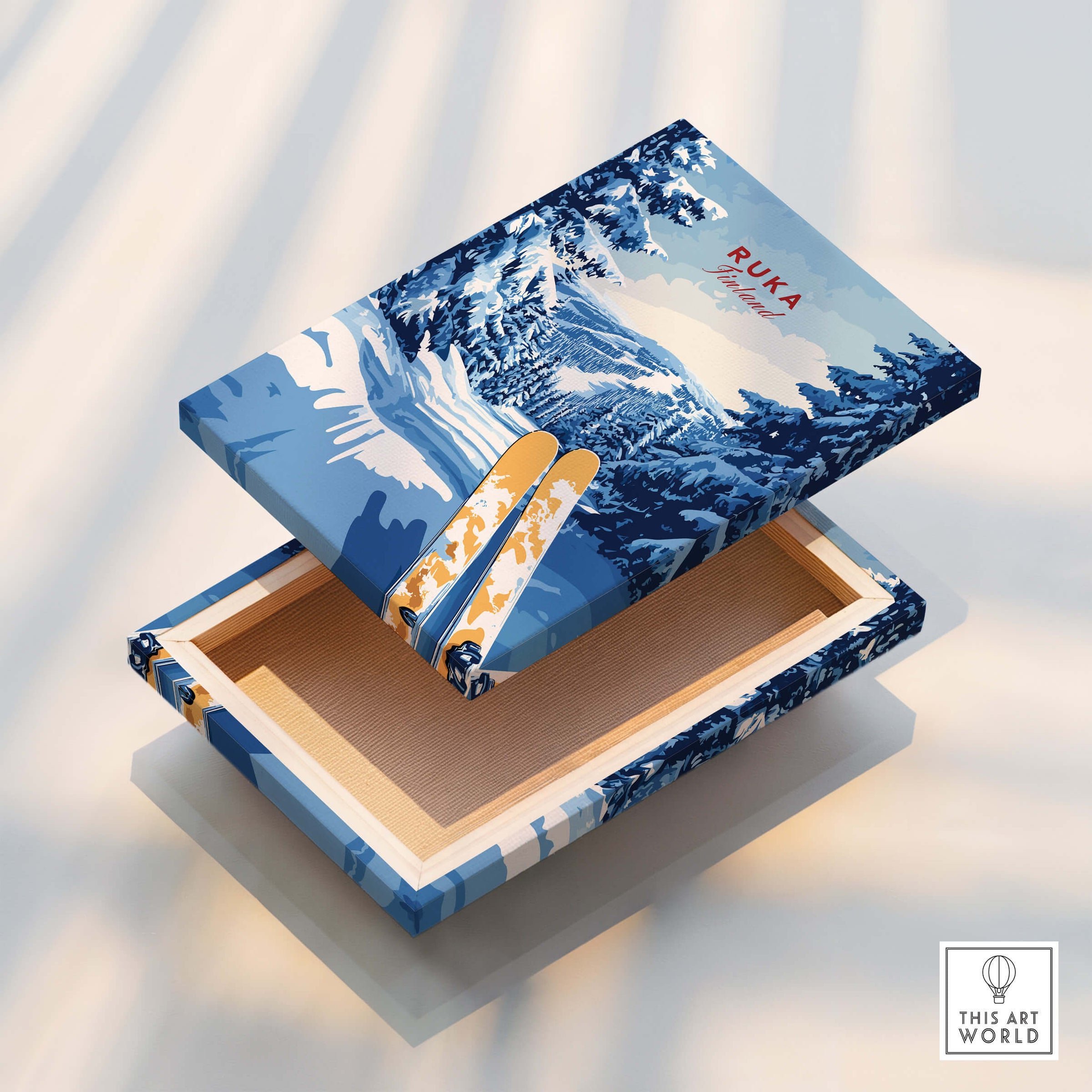 Ruka Ski Trail Print - Finland Slopes Poster, Snow-Covered Forest Wall Art decorative box with mountain design.