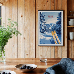 Ruka Ski Trail Print - Finland Slopes Poster, Snow-Covered Forest Wall Art displayed in a cozy interior with wooden walls.