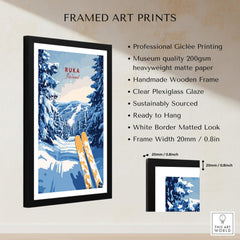 Ruka Ski Trail Print - Finland Slopes Poster, Snow-Covered Forest Wall Art in a framed print display.