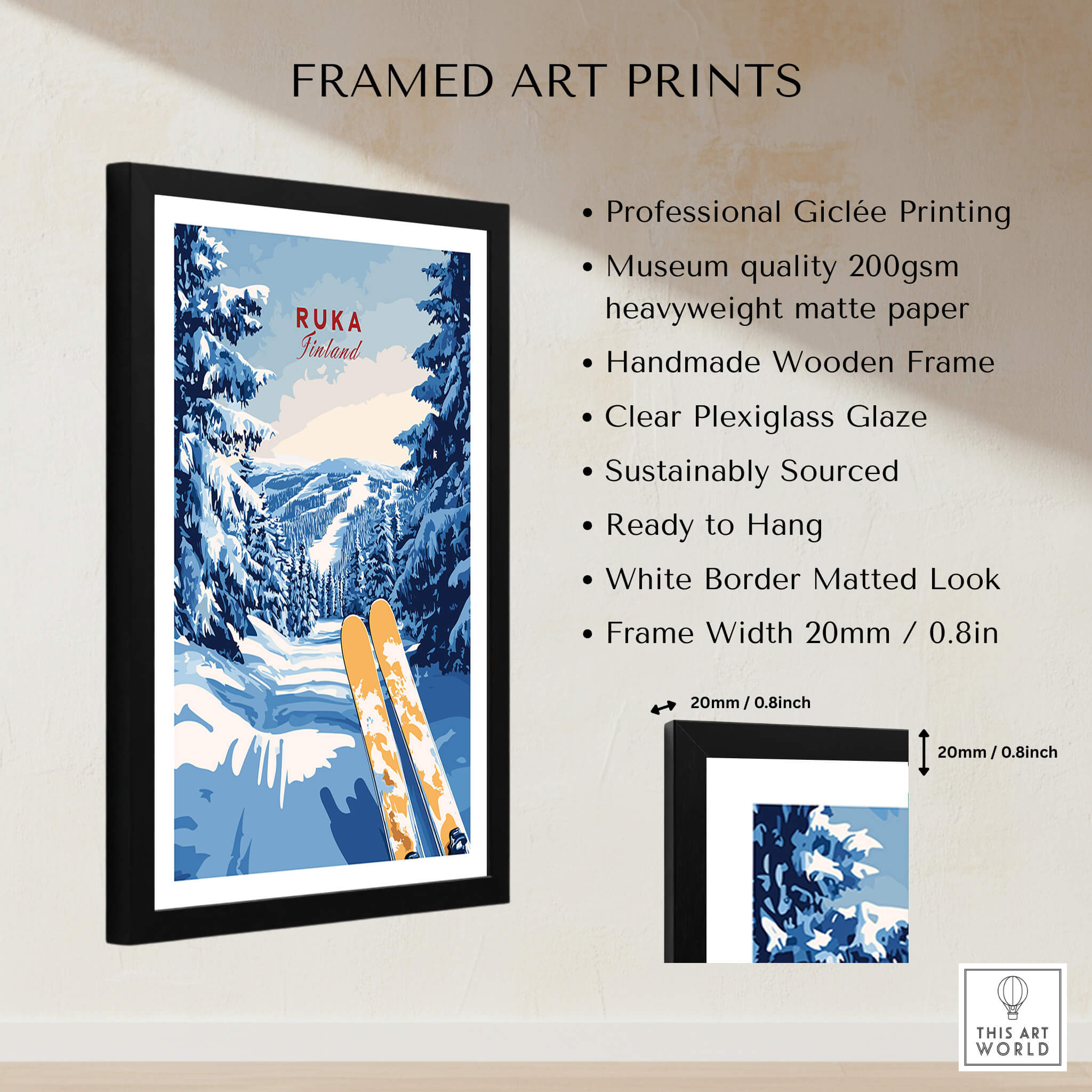 Ruka Ski Trail Print - Finland Slopes Poster, Snow-Covered Forest Wall Art in a framed print display.