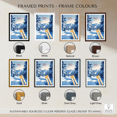 Framed Ruka Ski Trail Print - Finland Slopes Poster, Snow-Covered Forest Wall Art in various frame colors.