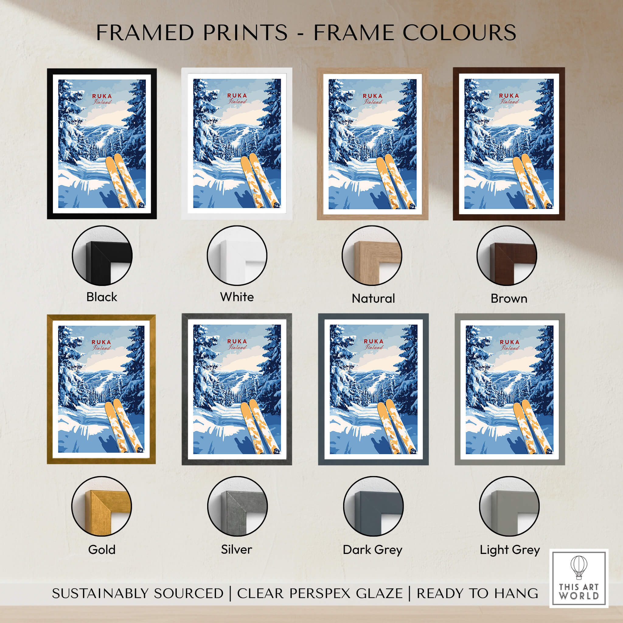 Framed Ruka Ski Trail Print - Finland Slopes Poster, Snow-Covered Forest Wall Art in various frame colors.