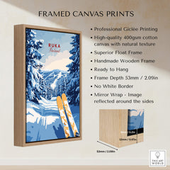 Ruka Ski Trail Print - Finland Slopes Poster, Snow-Covered Forest Wall Art in a handmade wooden frame.