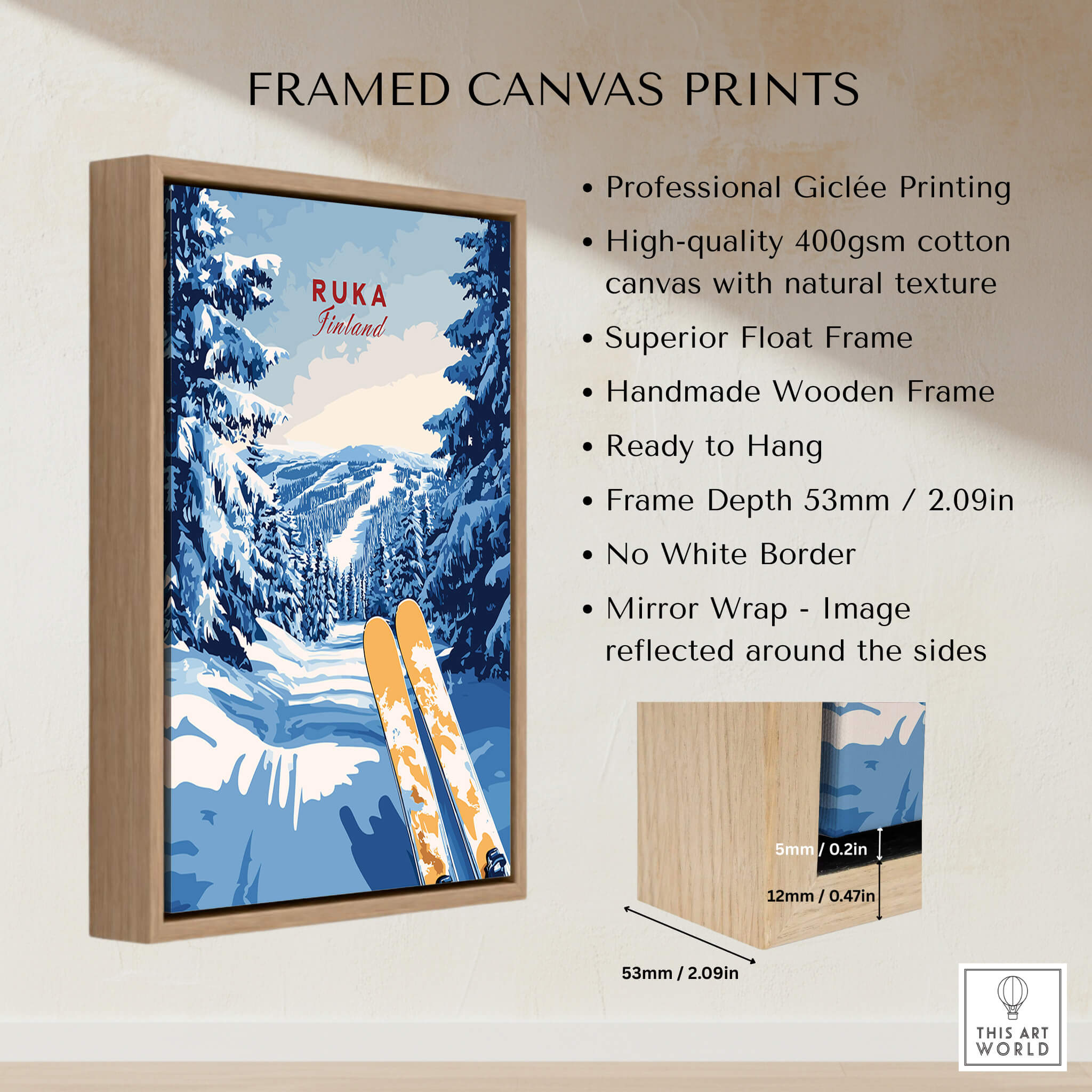 Ruka Ski Trail Print - Finland Slopes Poster, Snow-Covered Forest Wall Art in a handmade wooden frame.