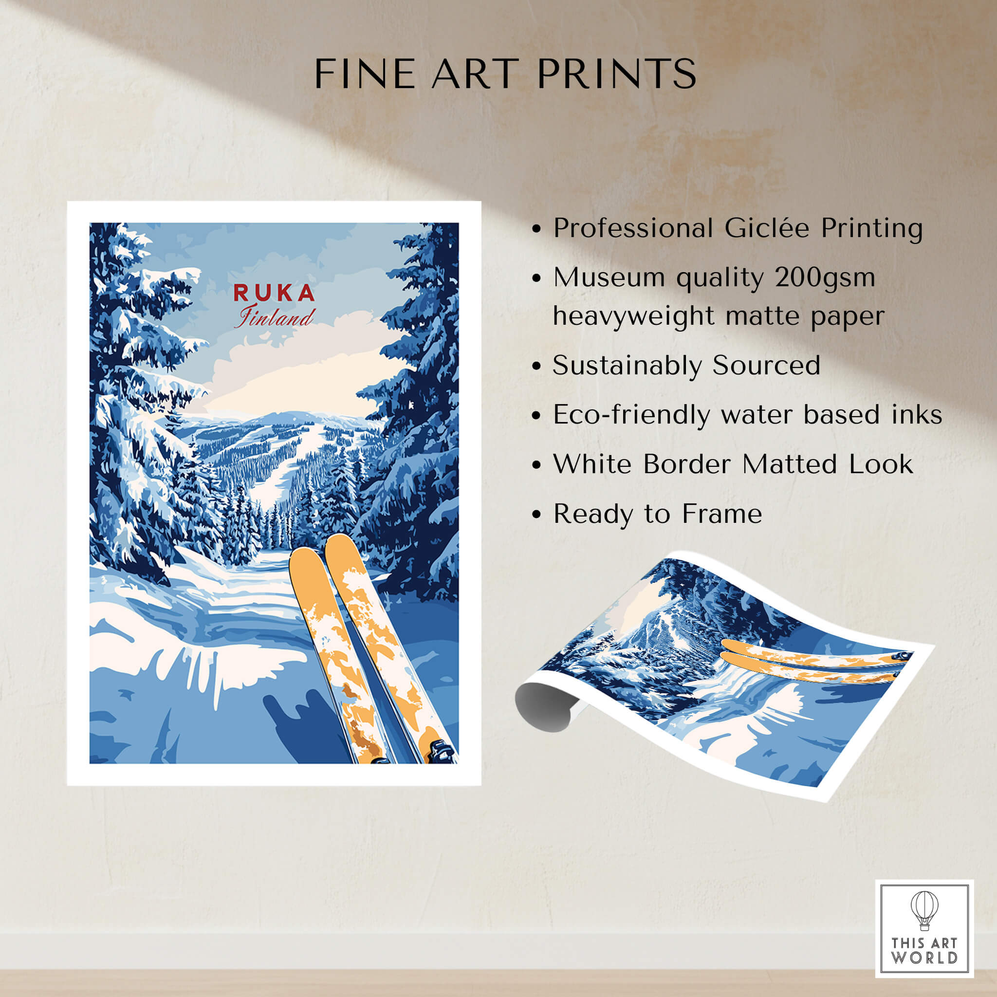 Ruka Ski Trail Print - Finland Slopes Poster, Snow-Covered Forest Wall Art displayed with skiing imagery and printing details.