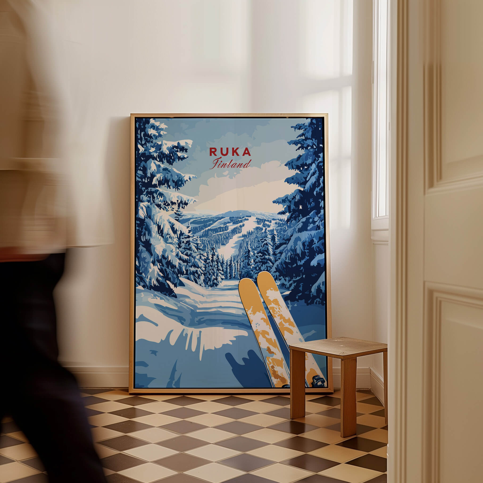 Ruka Ski Trail Print - Finland Slopes Poster, Snow-Covered Forest Wall Art displayed in a stylish interior.