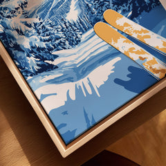 Ruka Ski Trail Print - Finland Slopes Poster, Snow-Covered Forest Wall Art with blue ski graphic and forest detail.