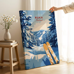 Ruka Ski Trail Print - Finland Slopes Poster, Snow-Covered Forest Wall Art featuring skis in a winter landscape.