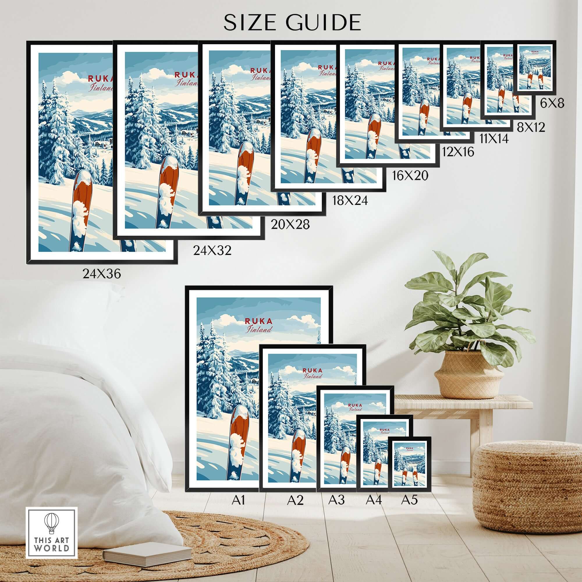 Size guide for Ruka Ski Poster in various frame dimensions, showcasing a winter sports scene in Ruka, Finland.