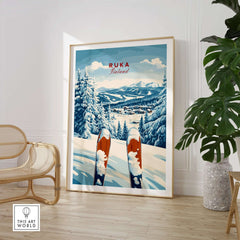 Ruka Ski Poster showcasing snowy slopes and mountains of Ruka, Finland, perfect for winter sports enthusiasts.