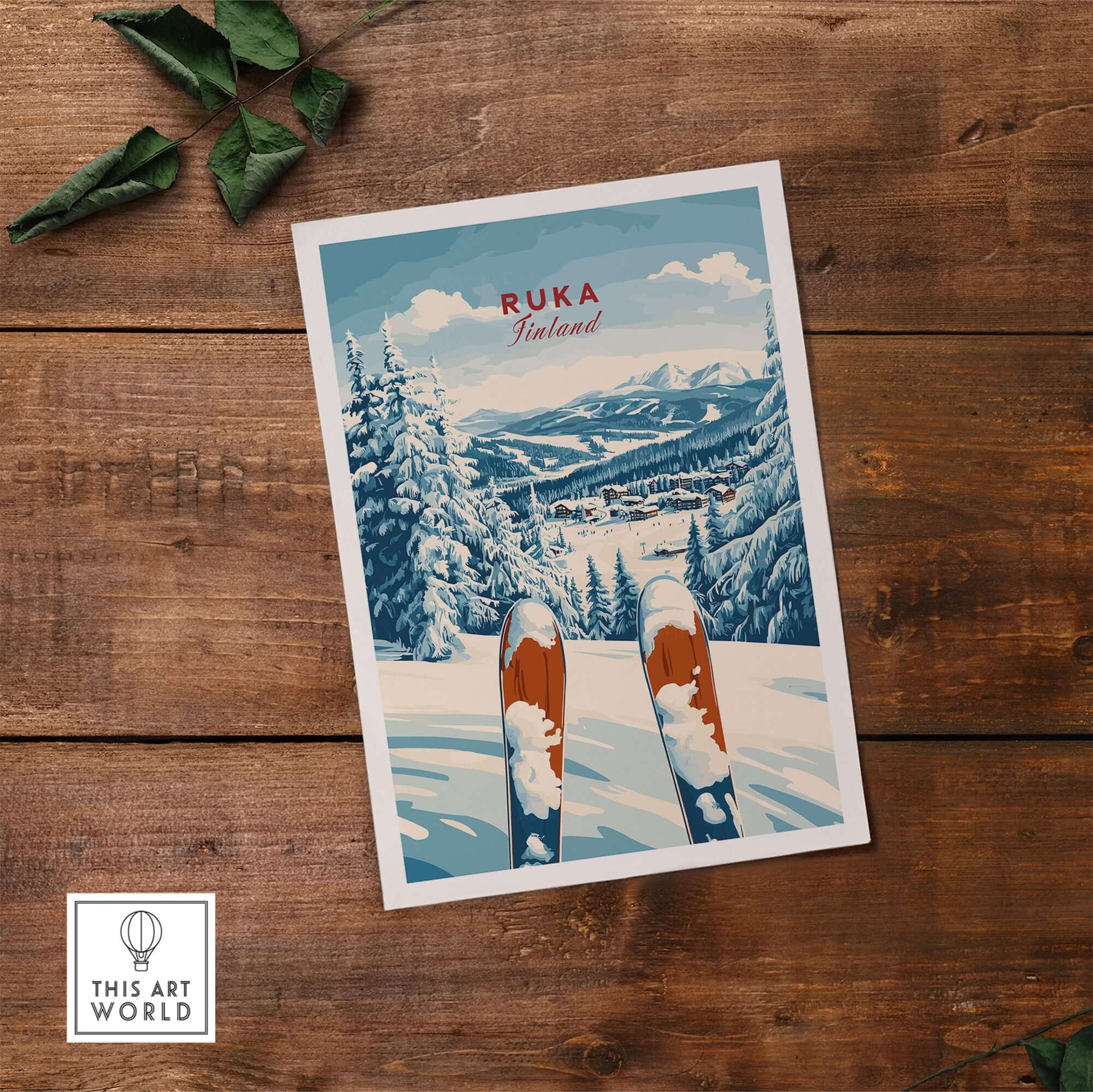 Ruka Ski Poster featuring snowy slopes of Ruka Finland with vintage skis in foreground, perfect for winter sports lovers.