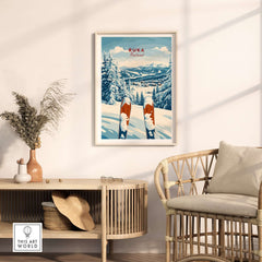Ruka Ski Poster showcasing snowy slopes and ski equipment, perfect for winter sports enthusiasts and home decor.