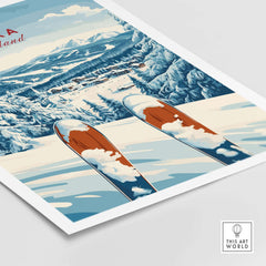Ruka Ski Poster showcasing snowy slopes and skis in Ruka, Finland, ideal for ski enthusiasts and decor lovers.