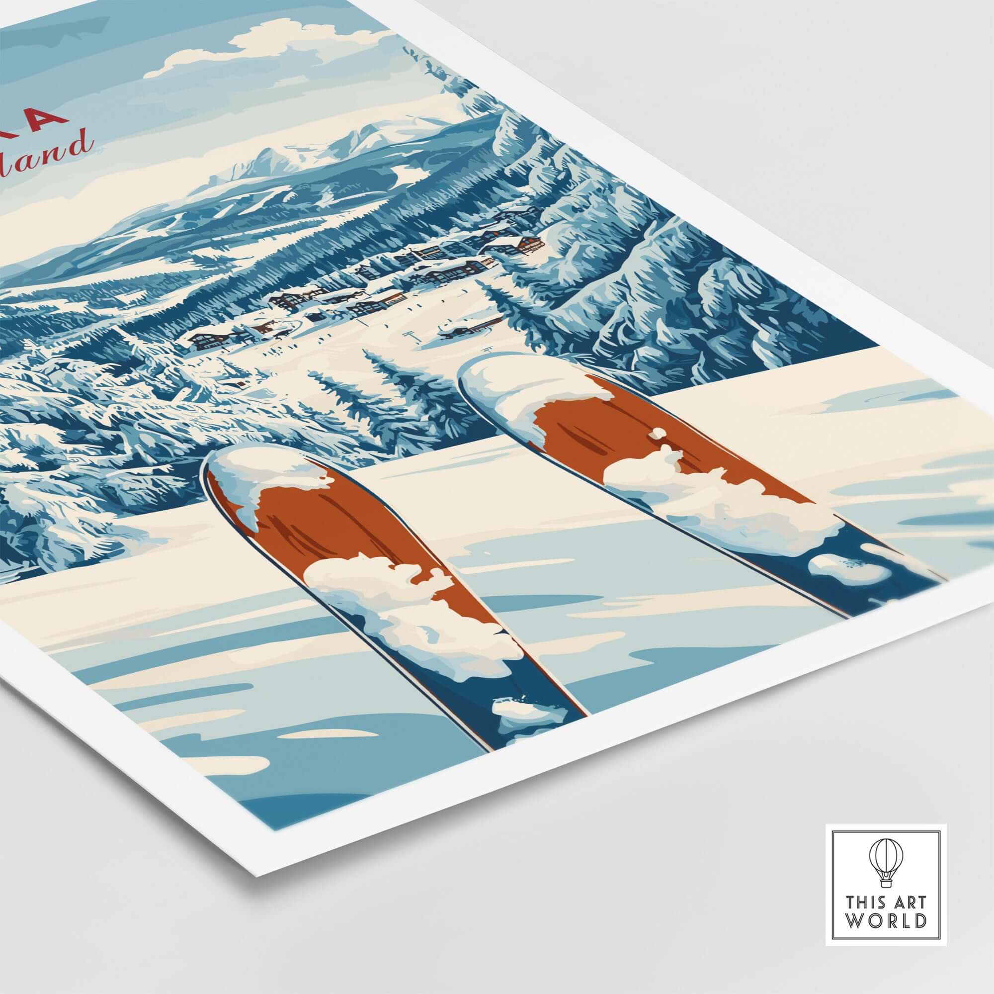 Ruka Ski Poster showcasing snowy slopes and skis in Ruka, Finland, ideal for ski enthusiasts and decor lovers.