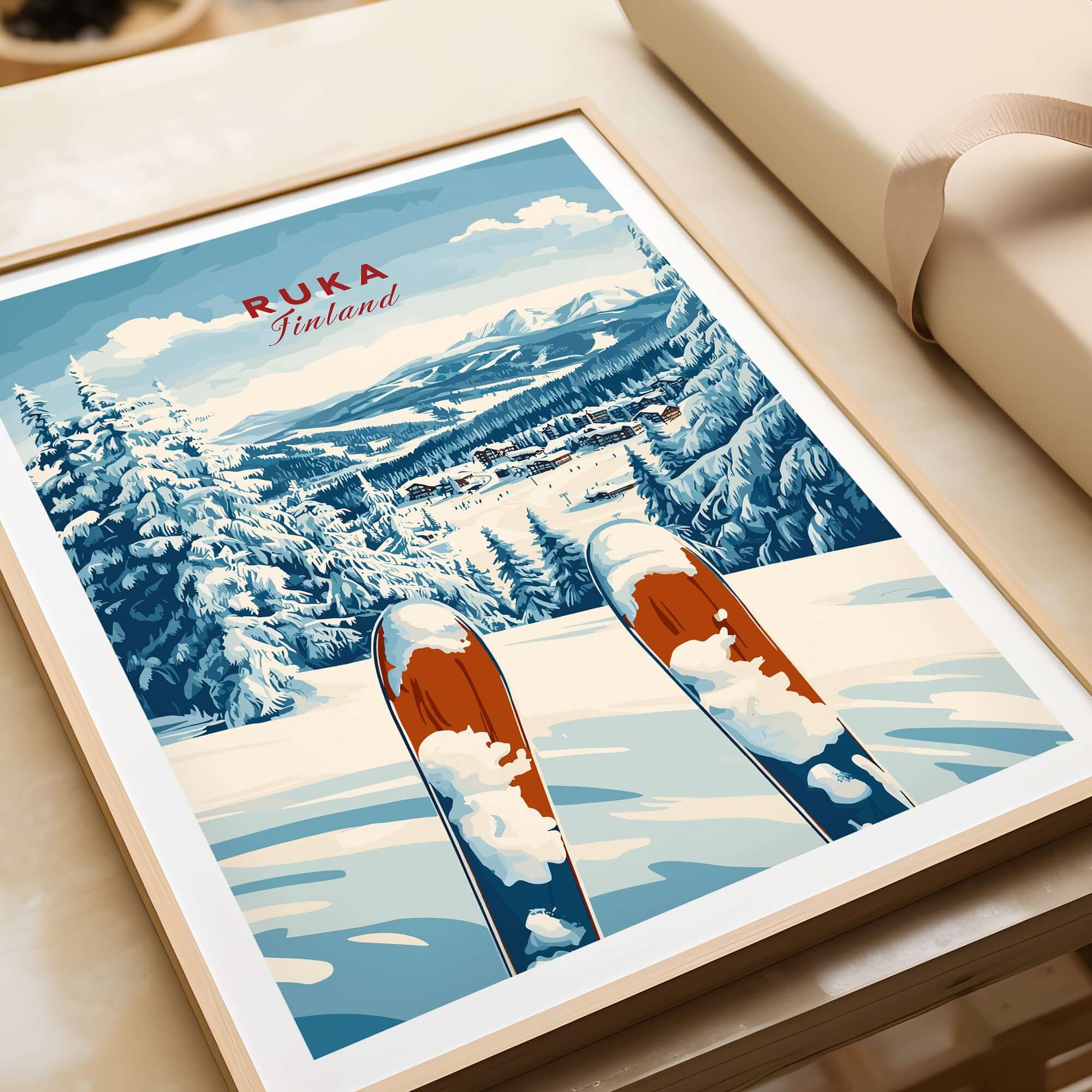 Ruka Ski Poster featuring snowy slopes and skis, perfect for winter sports enthusiasts and nature lovers.