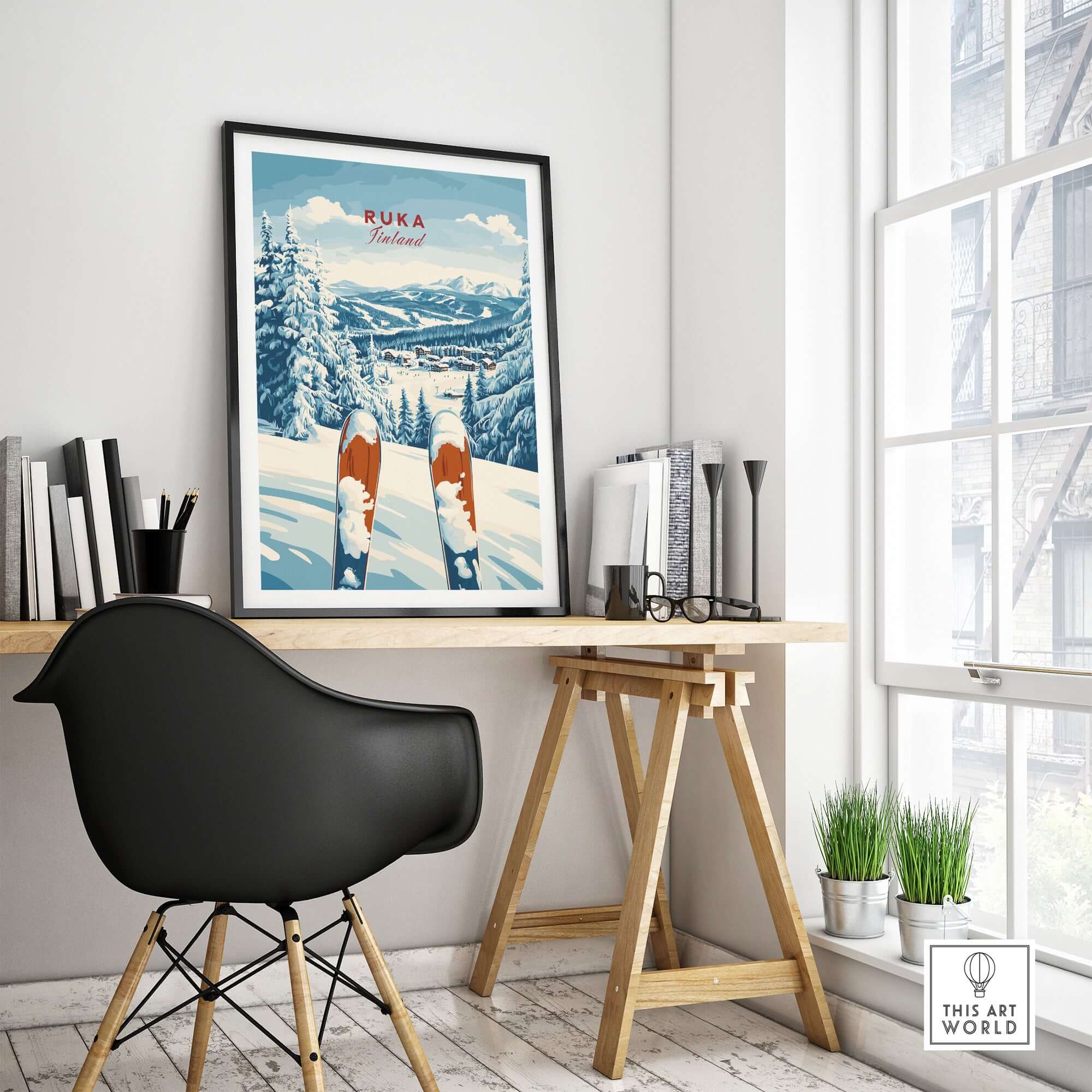 Ruka Ski Poster showcasing snowy mountains, perfect for winter sports enthusiasts and nature lovers.