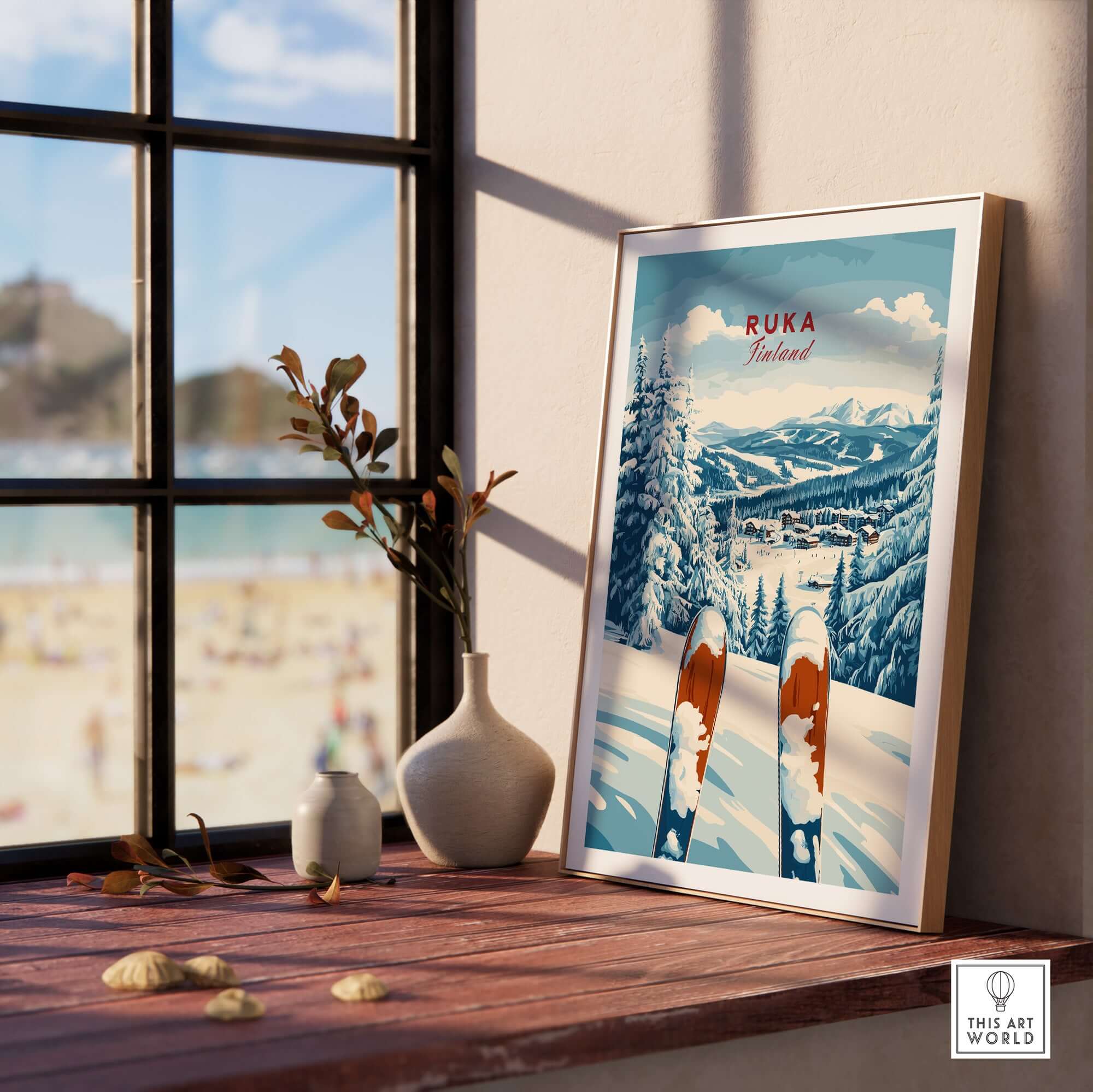 Ruka Ski Poster showcasing winter sports and scenic beauty of Ruka Finland, perfect for ski enthusiasts.
