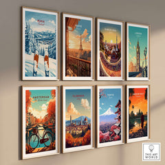 Wall display of travel posters including Ruka Finland, showcasing beautiful cities like Paris, Barcelona, and Tokyo.
