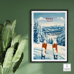 Ruka Ski Poster featuring snowy mountains and ski poles in Finland, perfect for ski enthusiasts and home decor.