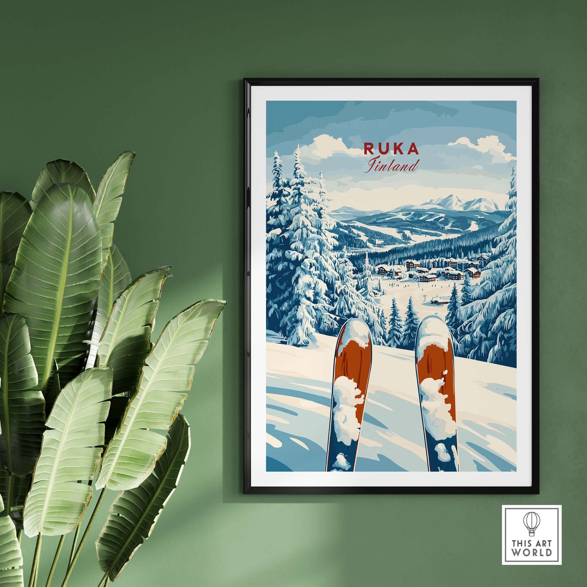 Ruka Ski Poster featuring snowy mountains and ski poles in Finland, perfect for ski enthusiasts and home decor.