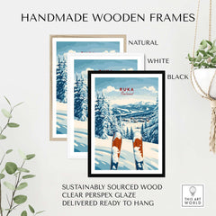 Handmade wooden frames for Ruka Ski poster, available in natural, white, and black finishes, ready to hang.