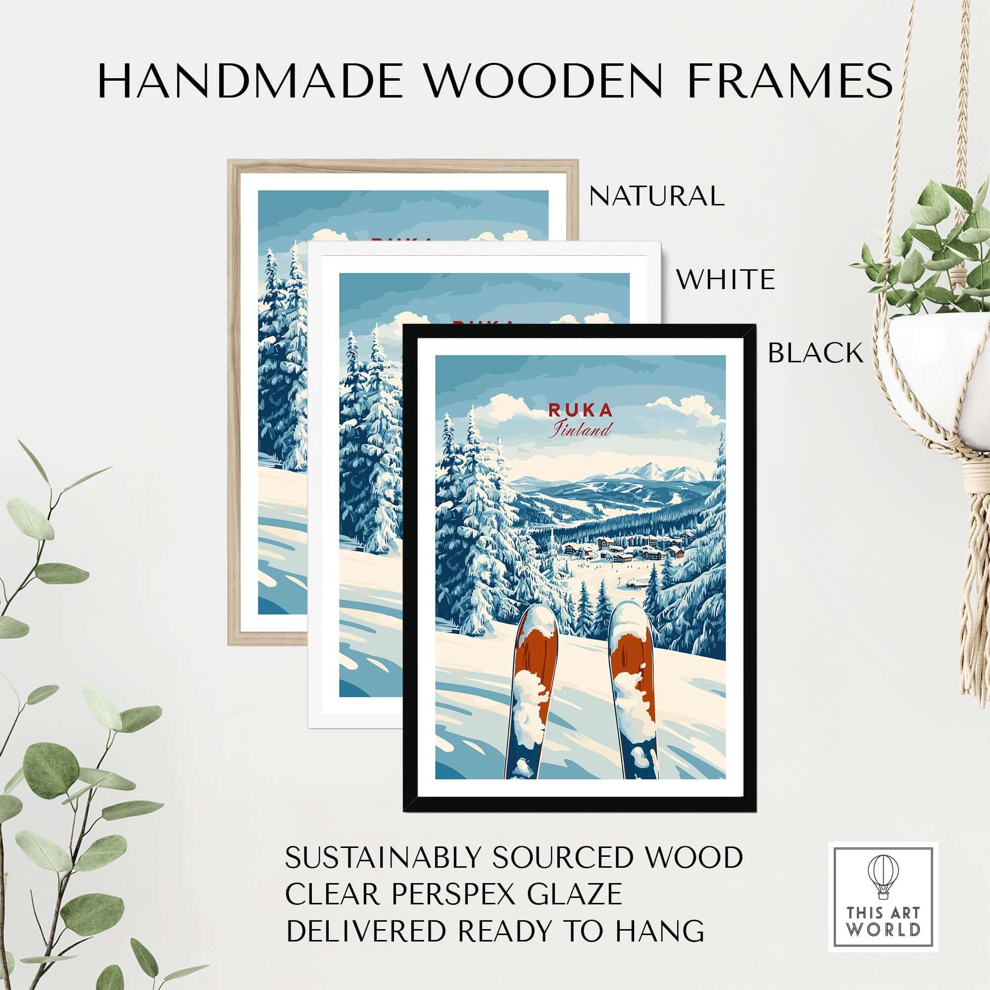 Handmade wooden frames for Ruka Ski poster, available in natural, white, and black finishes, ready to hang.