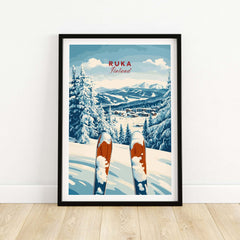 Ruka Ski Poster showcasing snowy slopes and skis in Ruka Finland, perfect for winter sports enthusiasts.