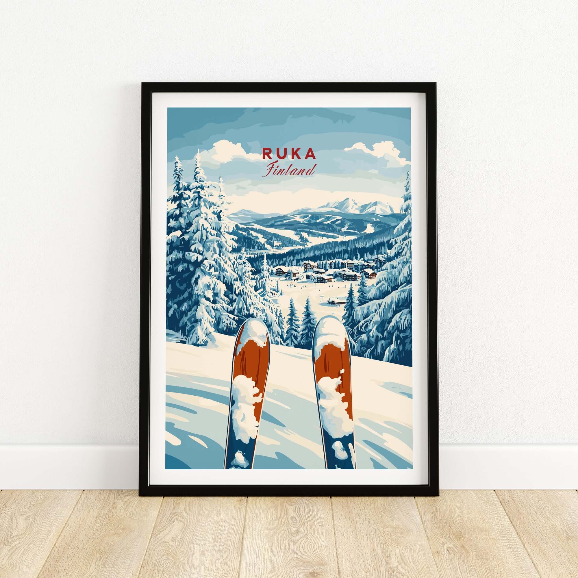 Ruka Ski Poster showcasing snowy slopes and skis in Ruka Finland, perfect for winter sports enthusiasts.
