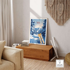 Ruka Ski Trail Print - Finland Slopes Poster, Snow-Covered Forest Wall Art displayed in a cozy living room setting.