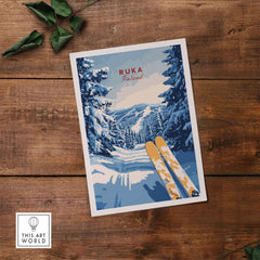 Ruka Ski Trail Print - Finland Slopes Poster, Snow-Covered Forest Wall Art featuring skis and snowy landscape.