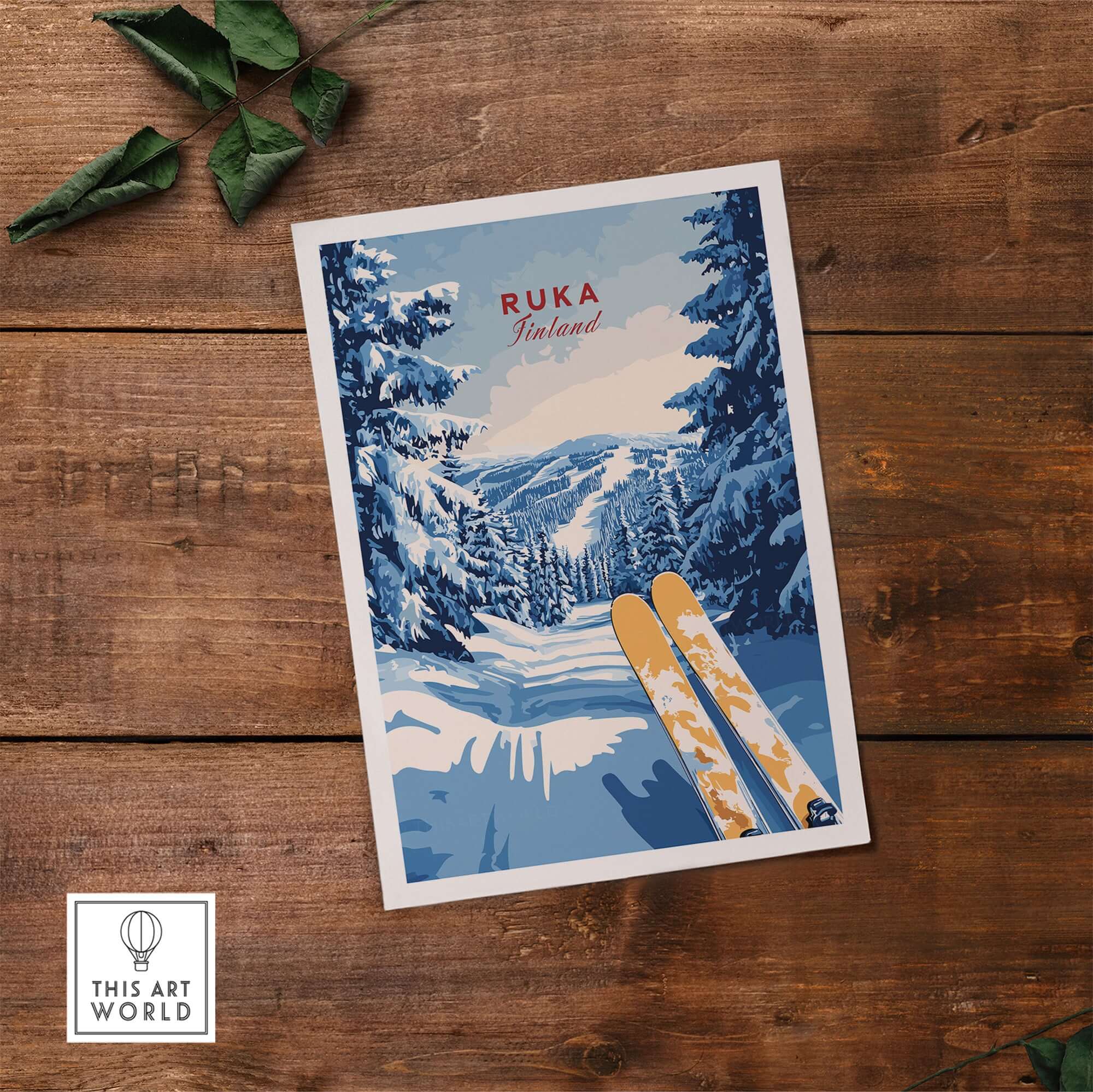Ruka Ski Trail Print - Finland Slopes Poster, Snow-Covered Forest Wall Art featuring skis and snowy landscape.