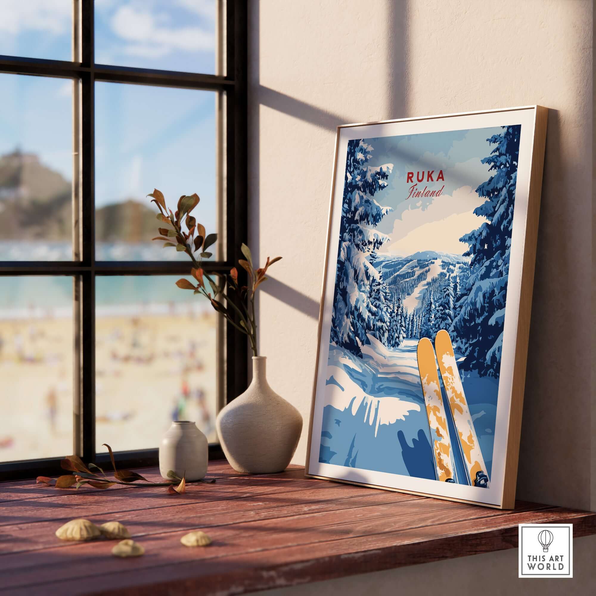 Ruka Ski Trail Print - Finland Slopes Poster, Snow-Covered Forest Wall Art displayed on a windowsill with a beach view.
