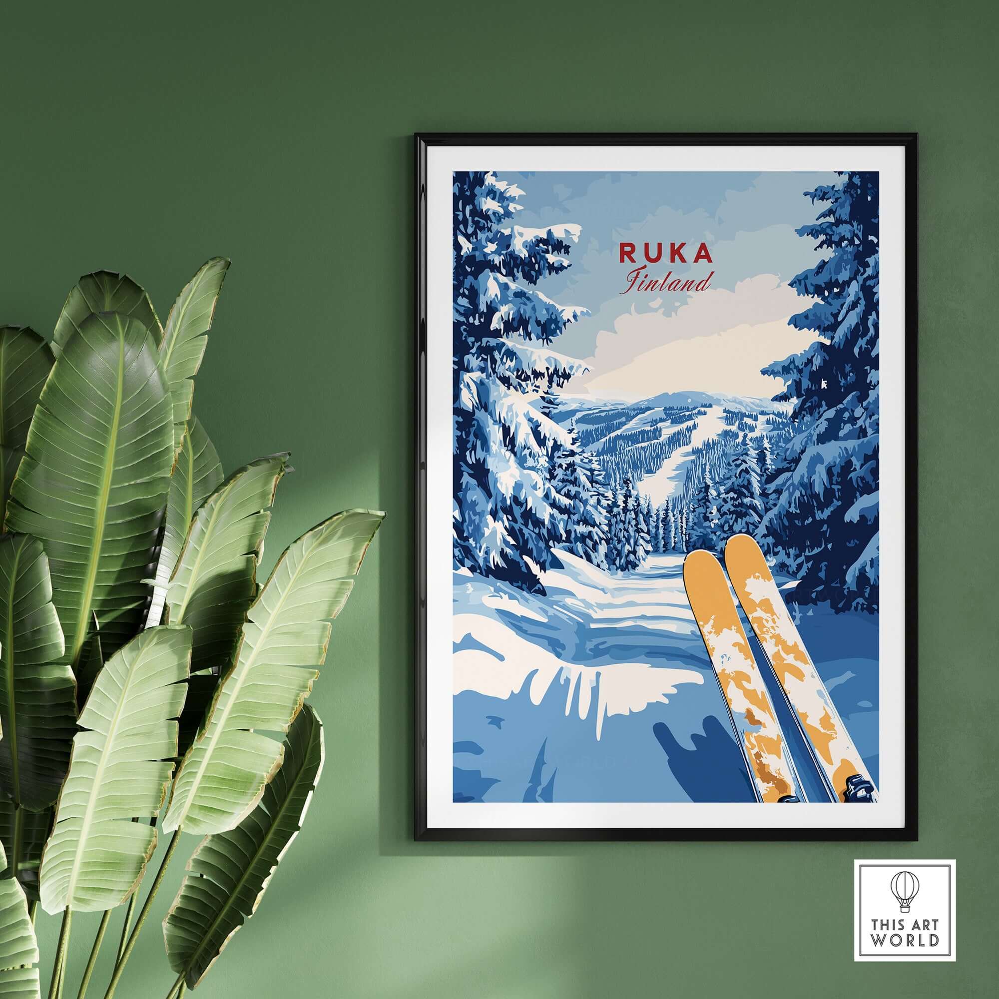 Ruka Ski Trail Print - Finland Slopes Poster, Snow-Covered Forest Wall Art featuring a ski trail in a winter landscape.