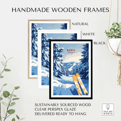 Handmade wooden frames for Ruka Ski Trail Print - Finland Slopes Poster, Snow-Covered Forest Wall Art.
