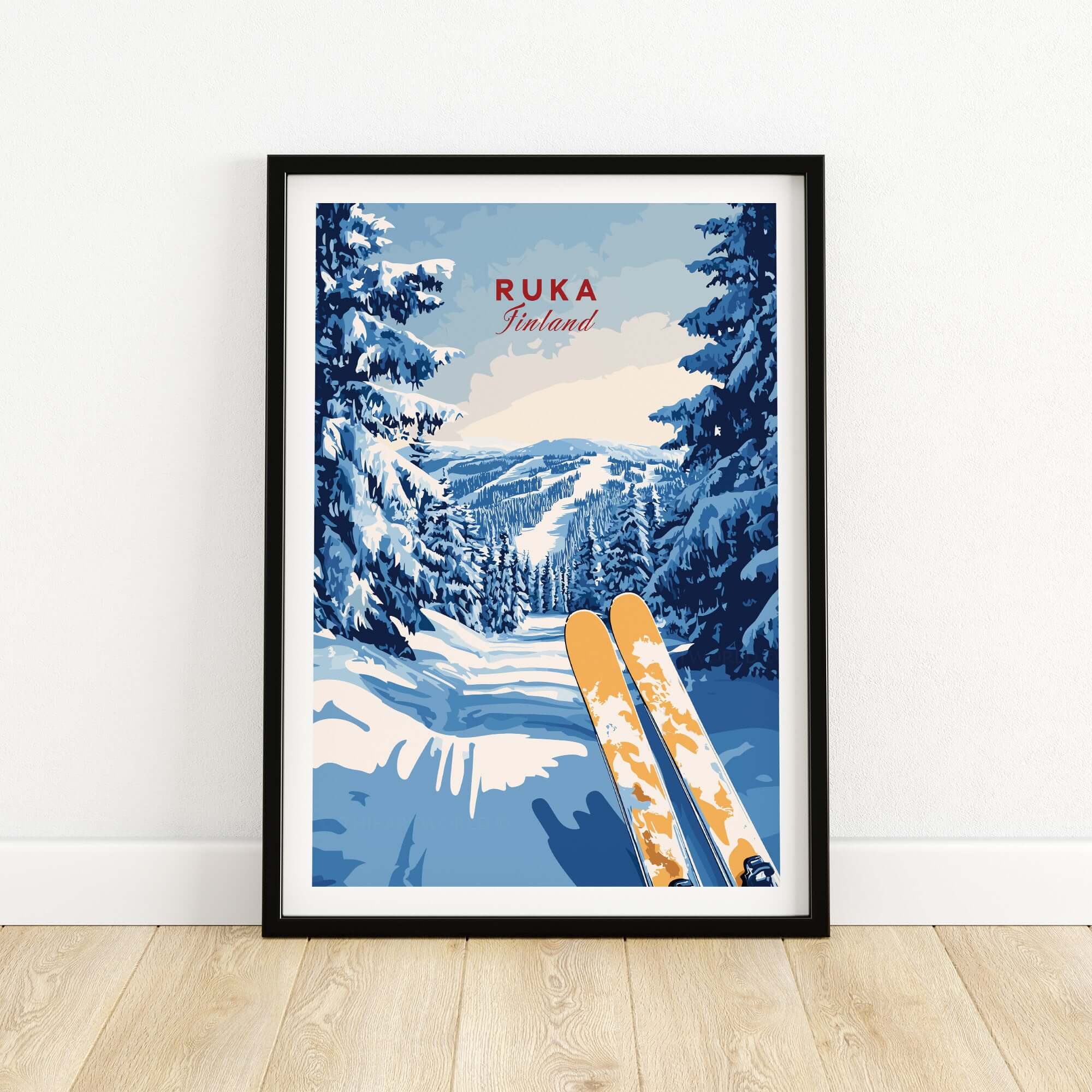 Ruka Ski Trail Print - Finland Slopes Poster, Snow-Covered Forest Wall Art featuring ski poles and snow-covered landscape.